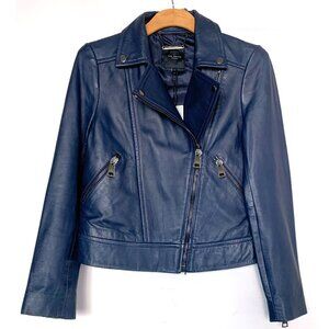 Ted Baker London Women's "Ellaar" Navy Fitted Leather Moto Jacket Size: 1/US 4
